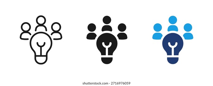 Icono de bombilla de lluvia de ideas que muestra un equipo de personas sobre la bombilla. Lluvia de ideas grupales y símbolo de generación de ideas para colaboración, discusión, creatividad, planificación de negocios y estrategia.