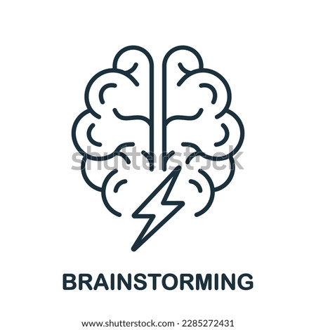 Brainstorm Line Icon. Human Brain with Lightning Linear Pictogram. Think about Creative Idea Outline Sign. Brainstorming, Intellectual Process Symbol. Editable Stroke. Isolated Vector Illustration.