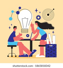 Cartel de estilo de la línea de lluvia de ideas con joven creativo hombre y mujer intercambiando ideas de ciencia caricatura ilustración vectorial