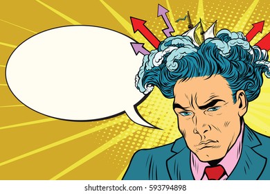 Brainstorm man thinks. Pop art retro vector illustration, comic bubble