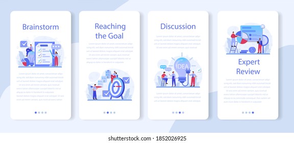 Brainstorm mobile application banner set. New idea generation in teamwork discussion. Making innovation and moving towards success. Isolated flat vector illustration