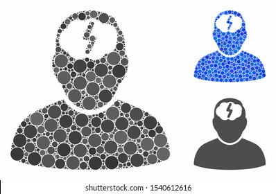 Brainstorm mosaic of filled circles in variable sizes and color tones, based on brainstorm icon. Vector filled circles are composed into blue mosaic. Dotted brainstorm icon in usual and blue versions.