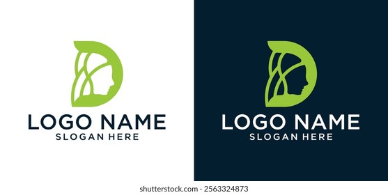 Brainstorm Neuron Intelligence Logo Template Vector Icon Illustration, Silhouette of Face Person negative space inside letter D.