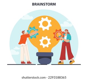 Brainstorm. New idea generation in teamwork discussion. Creative character coming up with innovative strategy or concept. Employees offering a solution. Flat vector illustration