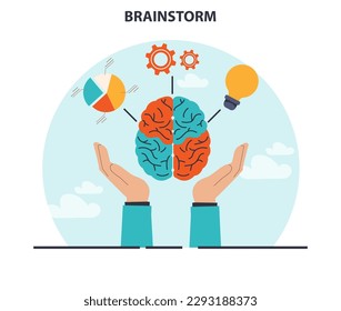 Brainstorm. New idea generation in teamwork discussion. Coming up with innovative strategy or concept. Employee offering a solution. Flat vector illustration