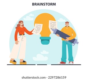 Brainstorm. New idea generation in teamwork discussion. Creative character coming up with innovative strategy or concept. Employees offering a solution. Flat vector illustration