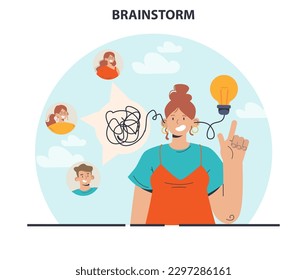 Brainstorm. New idea generation in teamwork discussion. Creative character coming up with innovative strategy or concept. Employees offering a solution. Flat vector illustration