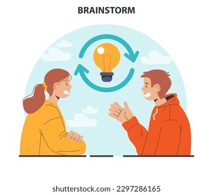 Brainstorm. New idea generation in teamwork discussion. Creative character coming up with innovative strategy or concept. Employees offering a solution. Flat vector illustration
