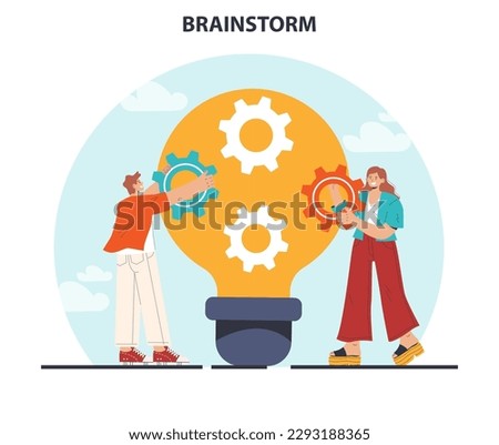 Brainstorm. New idea generation in teamwork discussion. Creative character coming up with innovative strategy or concept. Employees offering a solution. Flat vector illustration