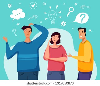 Brainstorm new idea. People thinking and talking  together. Flat cartoon style.