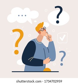 Brainstorm new idea. Thinking man with question marks. Flat cartoon style vector illustration.