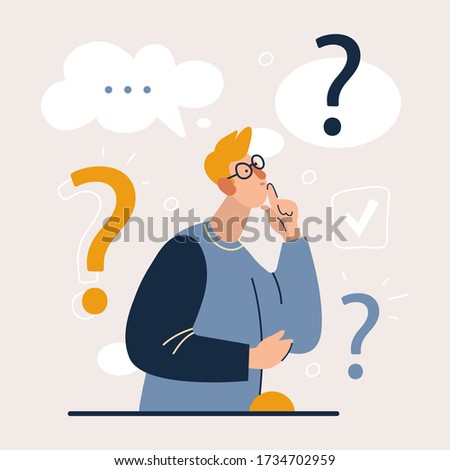Brainstorm new idea. Thinking man with question marks. Flat cartoon style vector illustration.