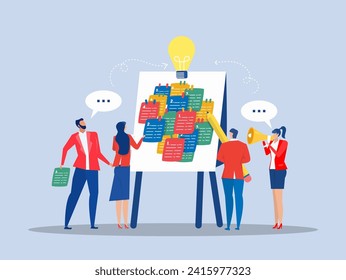 Brainstorm new idea,team Business people workshop meeting room with whiteboard and sticky notes , training course class workshop  strategy for business success flat vector illustrator