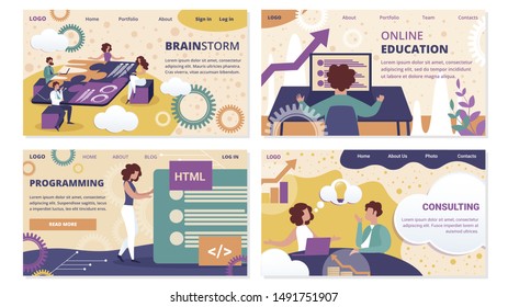 Brainstorm, Online Education, Consulting, Programming Horizontal Banner Set. Office People Working, Studying, Develop Web Site Ui Ux Interface. Business, Teamwork. Cartoon Flat Vector Illustration