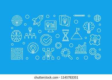 Brainstorm outline horizontal illustration. Vector Brainstorming concept banner in thin line style on blue background