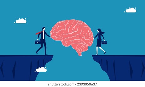 Tormenta de ideas para superar los obstáculos. Dos empresarios construyen un puente cerebral sobre un acantilado