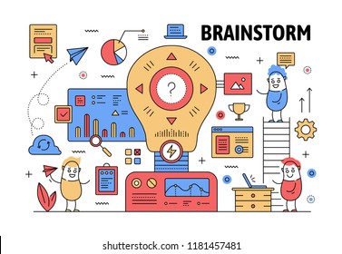 Brainstorm poster banner template. Vector thin line art flat style design with office workers funny cartoon characters, business symbols, icons for website banners and printed materials.