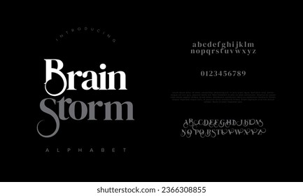 Brainstorm premium luxury elegant alphabet letters and numbers. Elegant wedding typography classic serif font decorative vintage retro. Creative vector illustration
