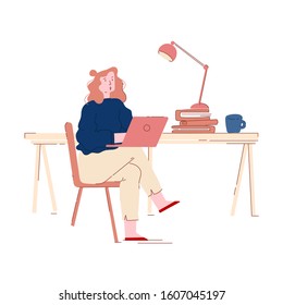 Brainstorm Process. Hard work Businesswoman Sit at Office Desk with Heap of Folders and Paper Documents Working Laptop Having Creative Idea Developing Program Software Cartoon Flat Vector Illustration