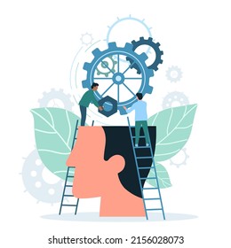 Brainstorm, project developement and skills growth in workers brain. Cartoon tiny people work with gears and connect cogwheels in abstract human head flat vector illustration. Expertise concept