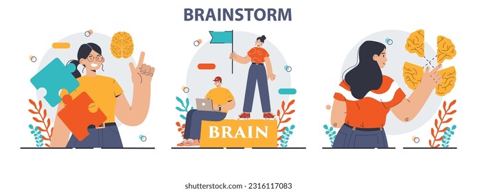 Brainstorm set. New idea generation in a teamwork discussion. Creative character coming up with innovative strategy or concept. Employees offering a solution. Flat vector illustration