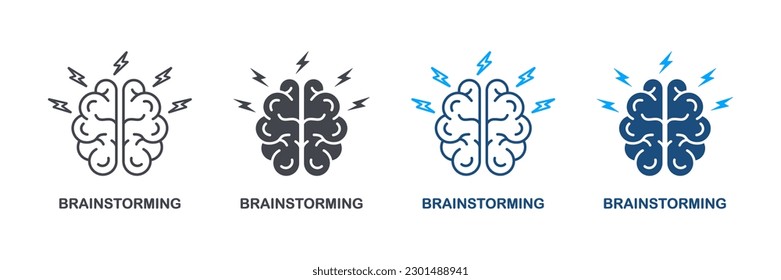 Brainstorm Silhouette and Line Icon Set. Human Brain with Lightning, Brainstorming Concept Pictogram. Think about Creative Idea Symbol Collection. Intellectual Process. Isolated Vector Illustration.