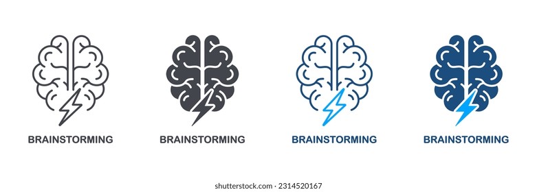 Brainstorm Silhouette and Line Icon Set. Intellectual Process Brainstorming Concept Pictogram. Think about Creative Idea Symbol Collection. Human Brain with Lightning. Isolated Vector Illustration.