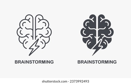 Juego de iconos de línea y silueta de lluvia de ideas. Piense en la colección de símbolos de ideas creativas. El cerebro humano con un pictograma de concepto de lluvia de ideas sobre procesos intelectuales y relámpagos. Ilustración de vectores aislados.