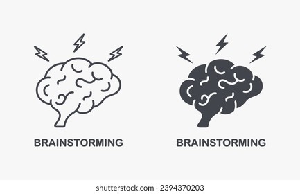 Brainstorm Silhouette and Line Icon Set. Think about Creative Idea Pictogram. Human Brain with Lightning, Brainstorming Concept Symbol Collection. Intellectual Process. Isolated Vector Illustration.