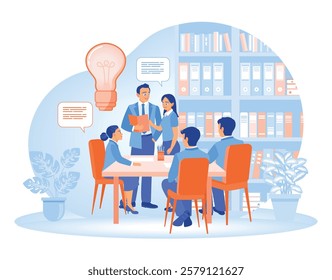 Brainstorm startup ideas. Professional team discussing ideas in a business meeting environment. Business Development concept. Flat vector illustration.