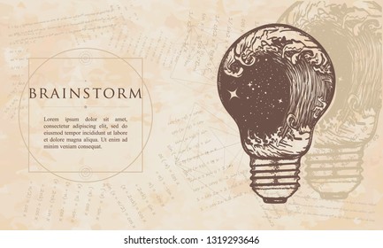 Brainstorm. Storm in a light bulb. Renaissance background. Medieval manuscript, engraving art 