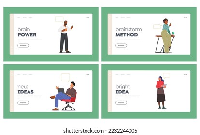 Brainstorm, Team Project Landing Page Template Set. Business People Discussing Idea on Board Meeting in Office. Teamwork Thinking Process. Employees Work and Communicate. Cartoon Vector Illustration