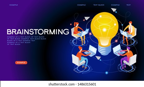 Brainstorm. Team in search of new solutions ideas. Internet assistant. Effective online promotion. Coordinated team work in the company. Remote Manager. Flat isometric vector illustration.