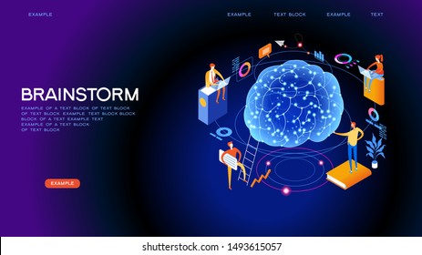Brainstorm. Team in search of new solutions ideas. Internet assistant. Effective online promotion. Coordinated team work in the company. Remote Manager. Flat isometric vector illustration.