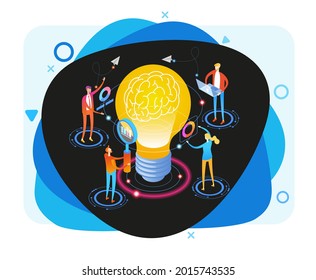 Brainstorm. Team in search of new solutions ideas. Internet assistant. Effective online promotion. Coordinated team work in the company. Remote Manager. Flat isometric vector illustration.