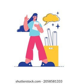 Composición de trabajo del equipo de Brainstorm del personaje femenino con nubes de pensamiento y un montón de dibujos ilustraciones vectoriales