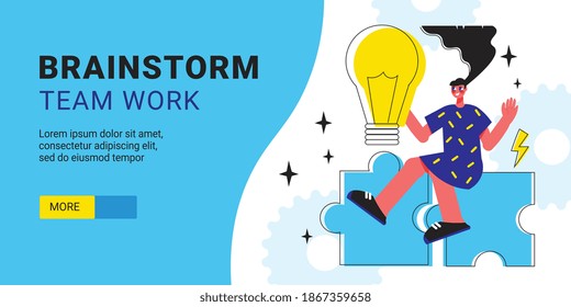 Brainstorm team work horizontal banner with creative young girl puzzle game elements and light bulb icons flat vector illustration
