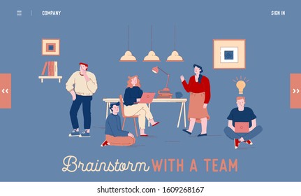 Brainstorm Team Work Website Landing Page. Business People Discussing Idea in Office. Teamwork Process. Employees Work on Laptops and Communicate. Web Page Banner. Cartoon Flat Vector Illustration