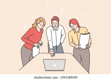 Brainstorm, Teamwork, business concept. Female and male young business partners workers colleagues standing at laptop discussing business ideas with documents in office together vector illustration 