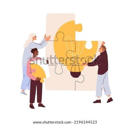 Brainstorm, teamwork concept. Business team discusses creative project, works with idea, lightbulb. Creation process, finding solution. Flat graphic vector illustration isolated on white background