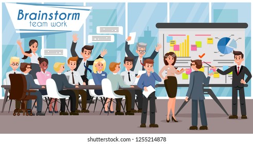 Brainstorm and Teamwork in Office Concept. Staff Adaptation. Working Time in Office. Human Resource. Business Development Company. Men and Women Workers. Vector Flat Illustration.