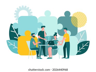 Brainstorm Teamwork im Büro am Tisch diskutieren ein Geschäftsprojekt. Rätsel im Hintergrund sind ein Symbol der Vereinigung und eine erfolgreiche Lösung.