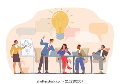 Brainstorm, Teamwork Process Concept. Business People Discussing Idea on Board Meeting in Office. Team Project Development, Employees Work on Laptops and Communicate. Cartoon Vector Illustration