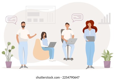 Brainstorm, Teamwork Process Konzept. Geschäftsleute diskutieren Ideen auf Vorstandssitzung im Büro. Teamprojektentwicklung, Mitarbeiter arbeiten an Notebooks und kommunizieren. Cartoon-Vektorgrafik
