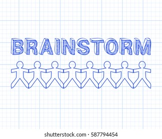 Brainstorm text hand drawn with paper people on graph paper background