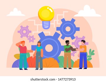 Brainstorm, think, idea concept. Group of people stand near big gears, idea light bulb. Flat design vector illustration. Poster for social media, web page, banner, presentation