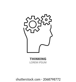 Brainstorm and thinking line icon concept. Human head with working gears inside outline stroke element. Psychologist counseling. Editable stroke vector illustration