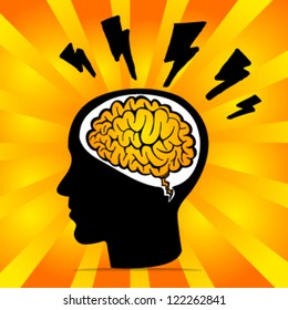 Brainstorm with thunder on orange brilliant background, stylish vector illustration