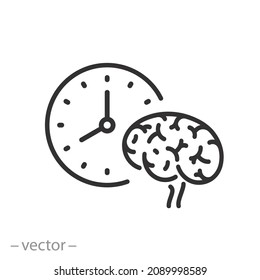 brainstorm time icon, fast think, smart clock, alarm with brain, mind hour, thin line symbol - editable stroke vector illustration