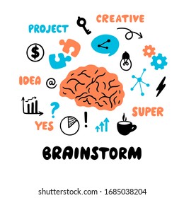 Brainstorm. Vector doodle illustration with brain, light bulb, key, puzzle, speech bubbles, phrases, neural connections on a white background.  